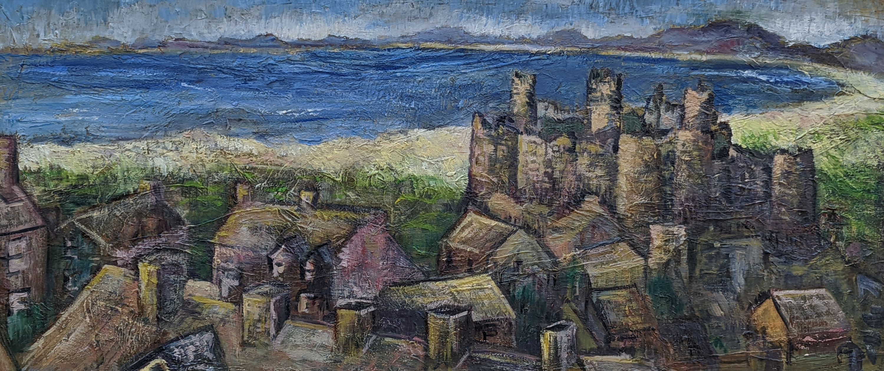 R. Robinson, oil on board, Coastal landscape with castle, 39 x 90cm